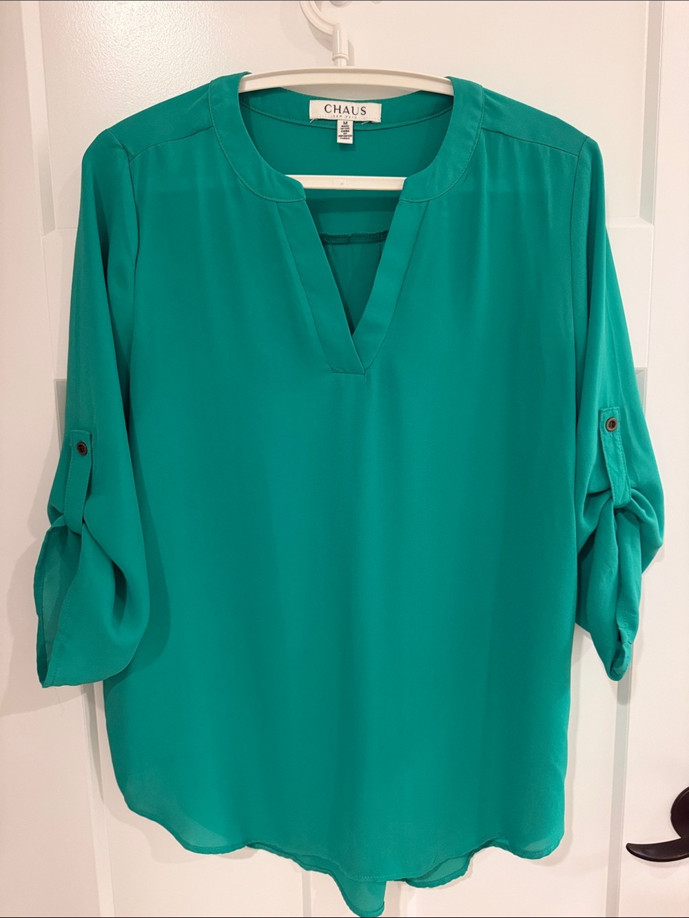 Chaus Teal V-Notch Roll-Sleeve Tunic